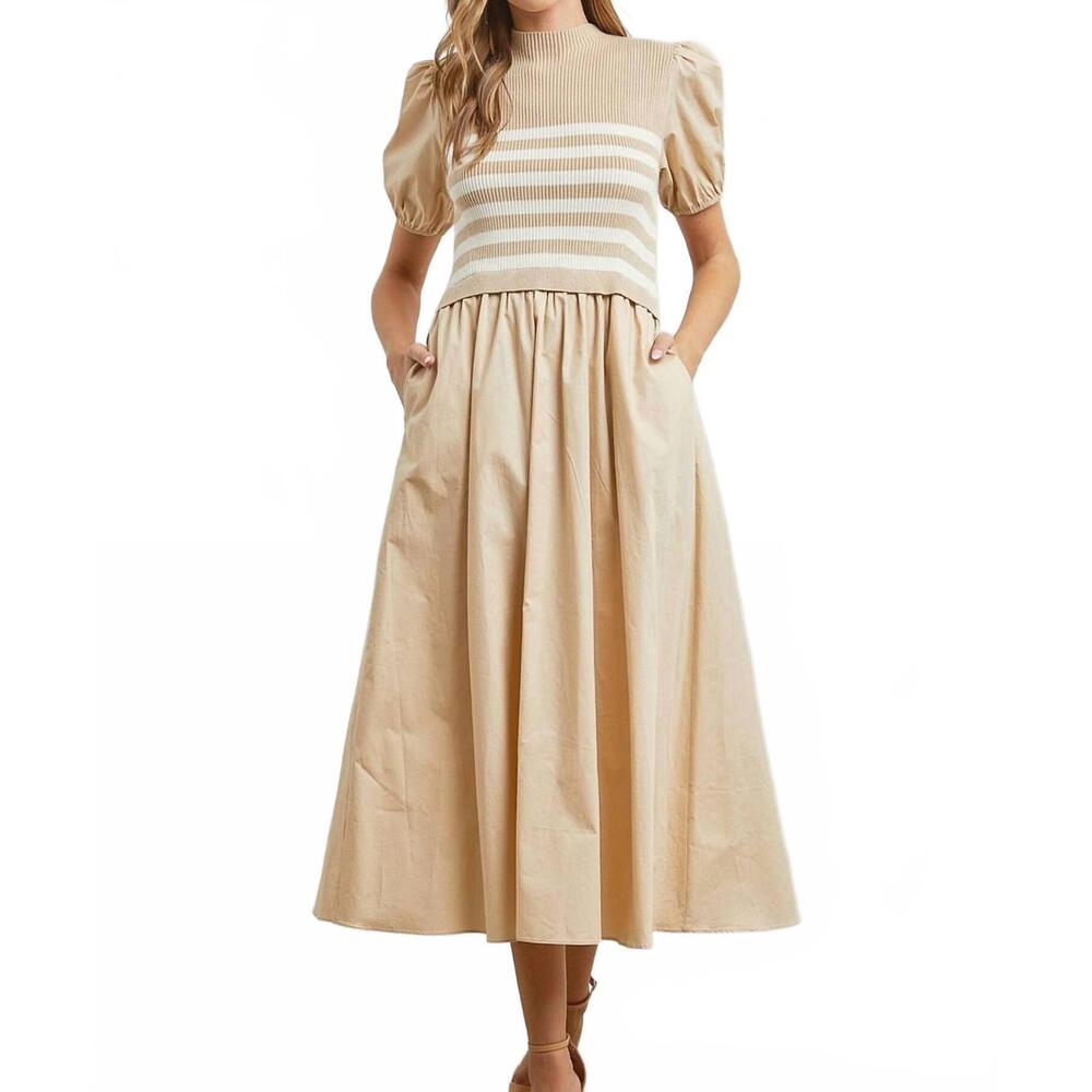 NEW POLYGRAM leonora knit stripe bodice dress in sand